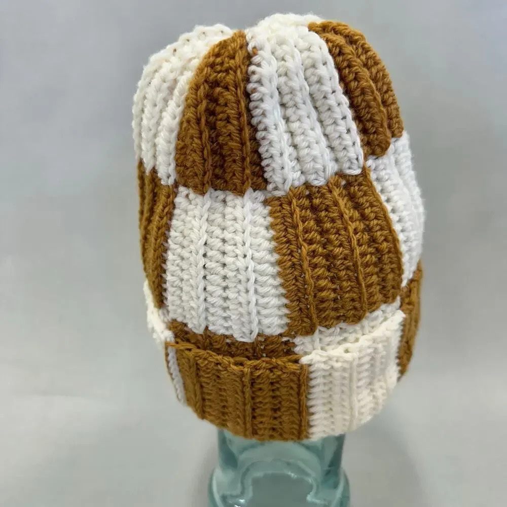Handmade knit colorblock ivory and golden mustard checkered stocking hat beanie